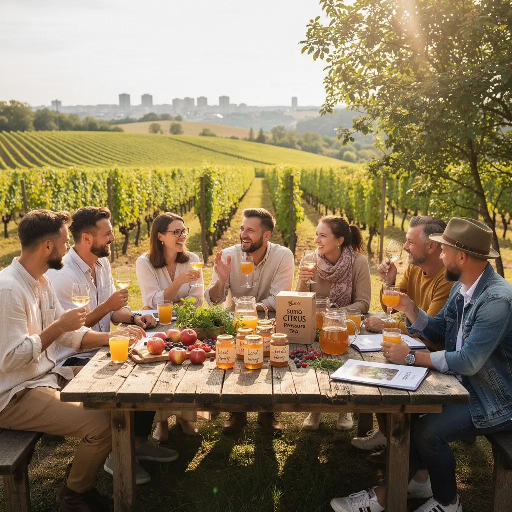 Raminanti arbatos puodelio nuotrauka su šiltu gėrimu, aplinkoje su žalumynais ir ramybe.