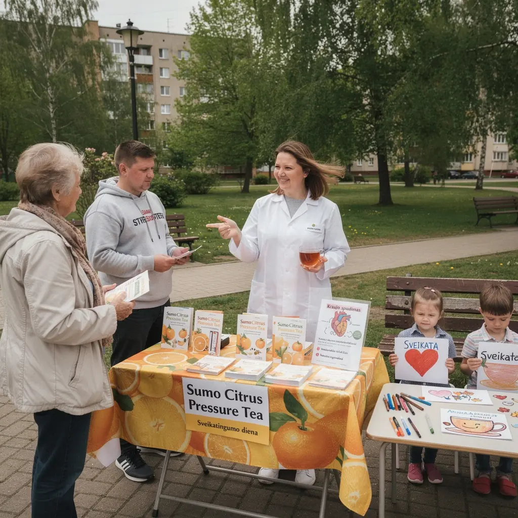 Raminanti arbatos puodelis su Sumo citrus vaisiais, pabrėžiantis Japonijos kultūrą.
