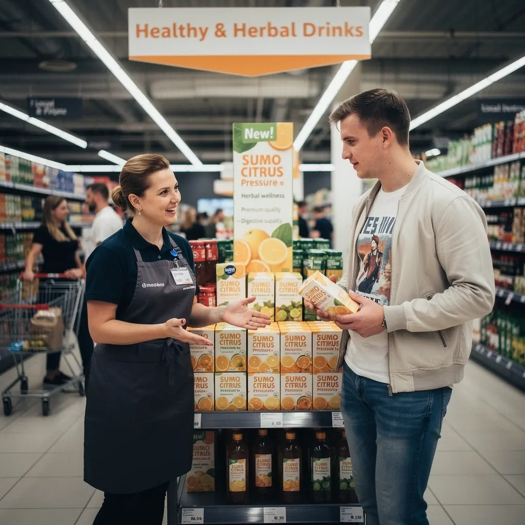 Sumo citrus arbatos pakuotė su ryškiai oranžine etiketė, skirta kraujospūdžio palaikymui.